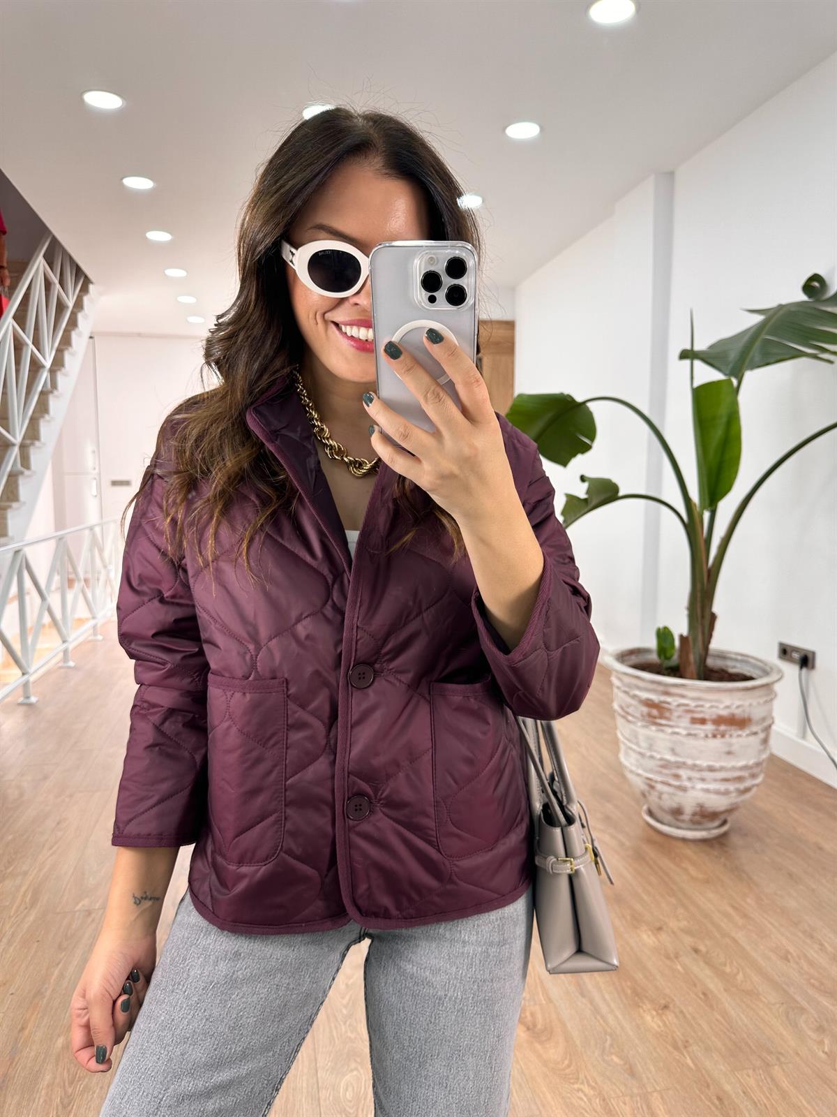 Düğmeli Kapitone Ceket -mürdüm