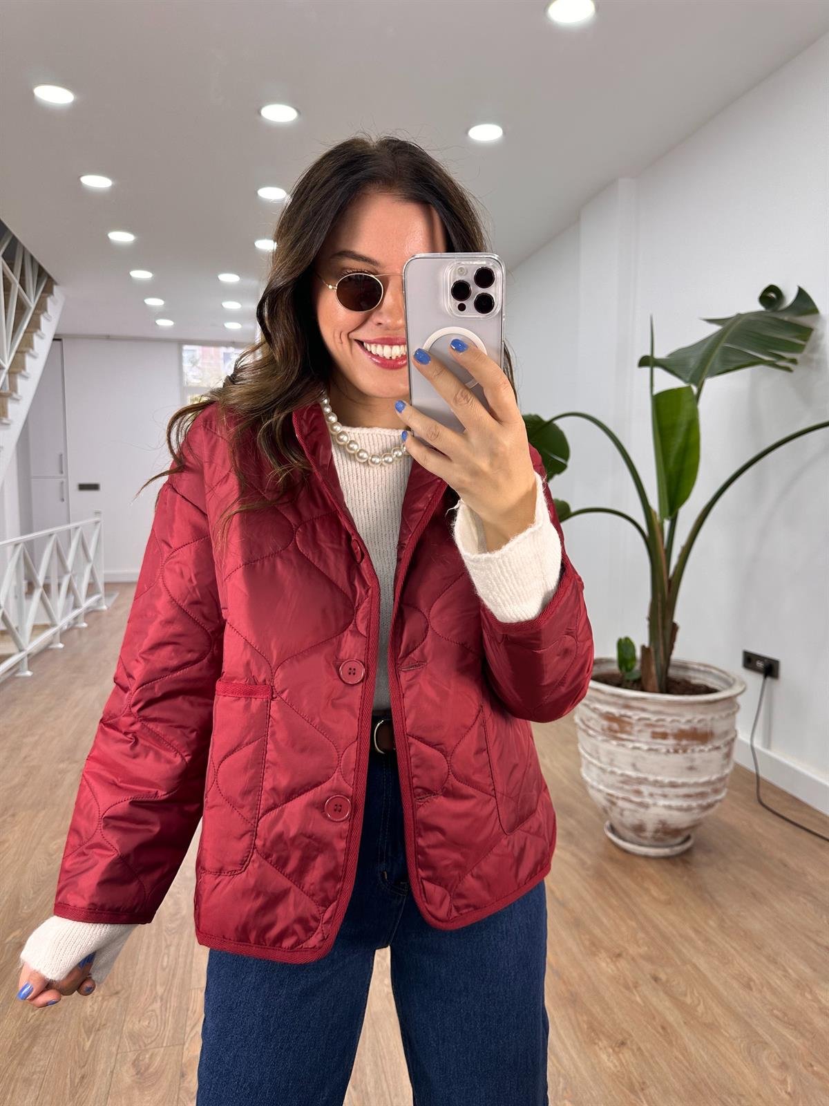 Düğmeli Kapitone Ceket-Bordo