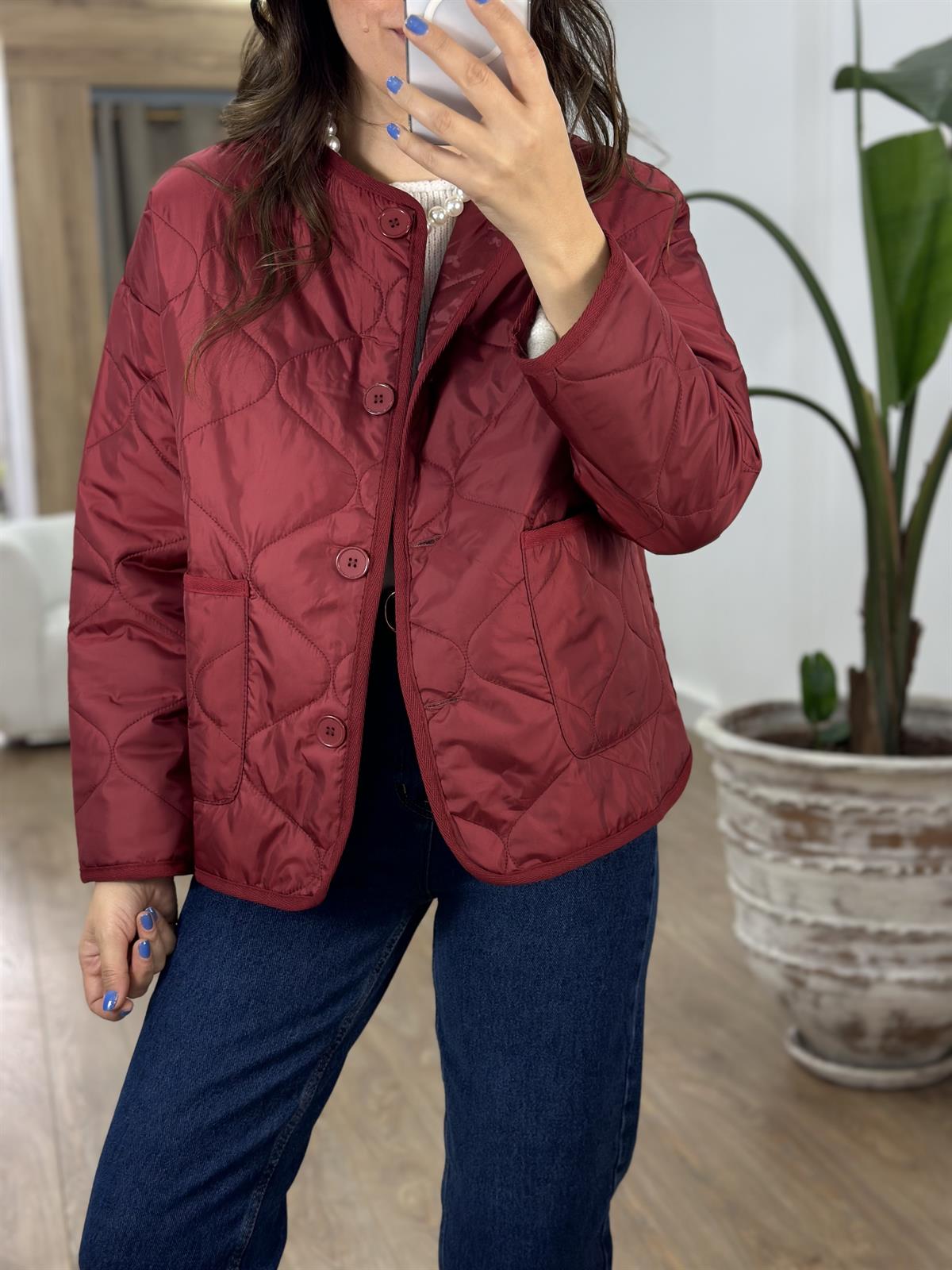 Düğmeli Kapitone Ceket-Bordo