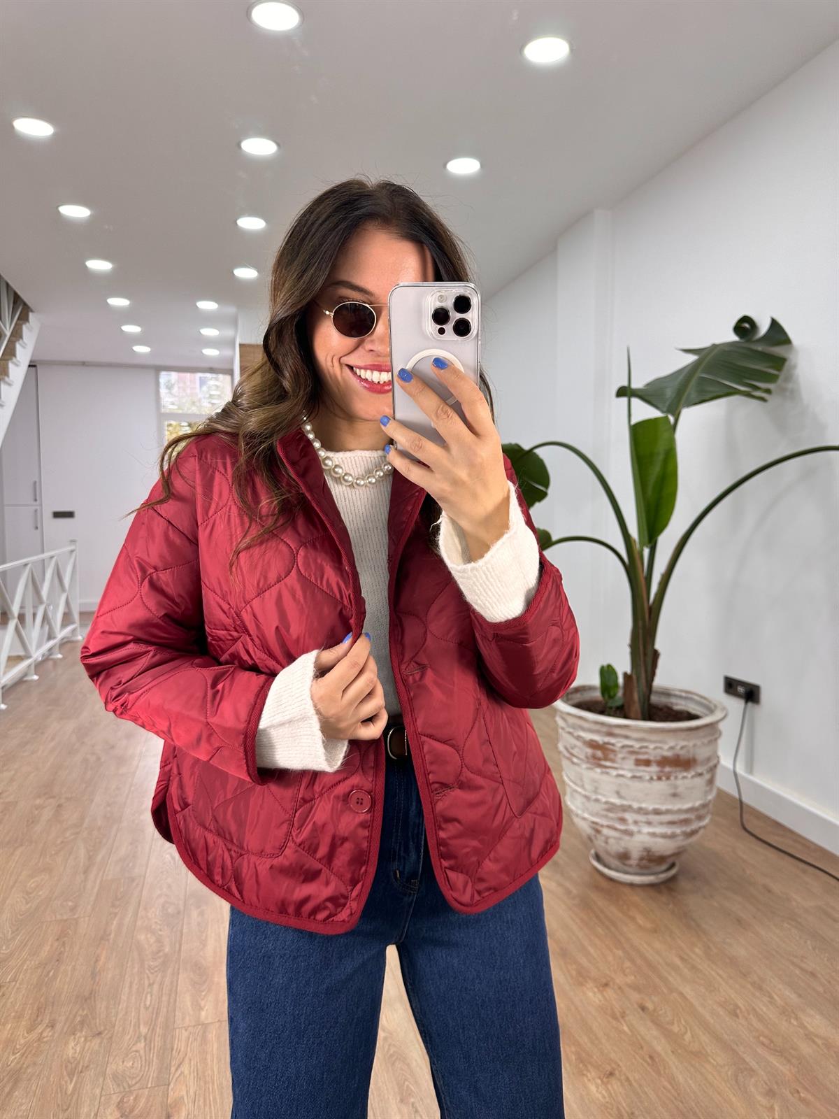 Düğmeli Kapitone Ceket-Bordo