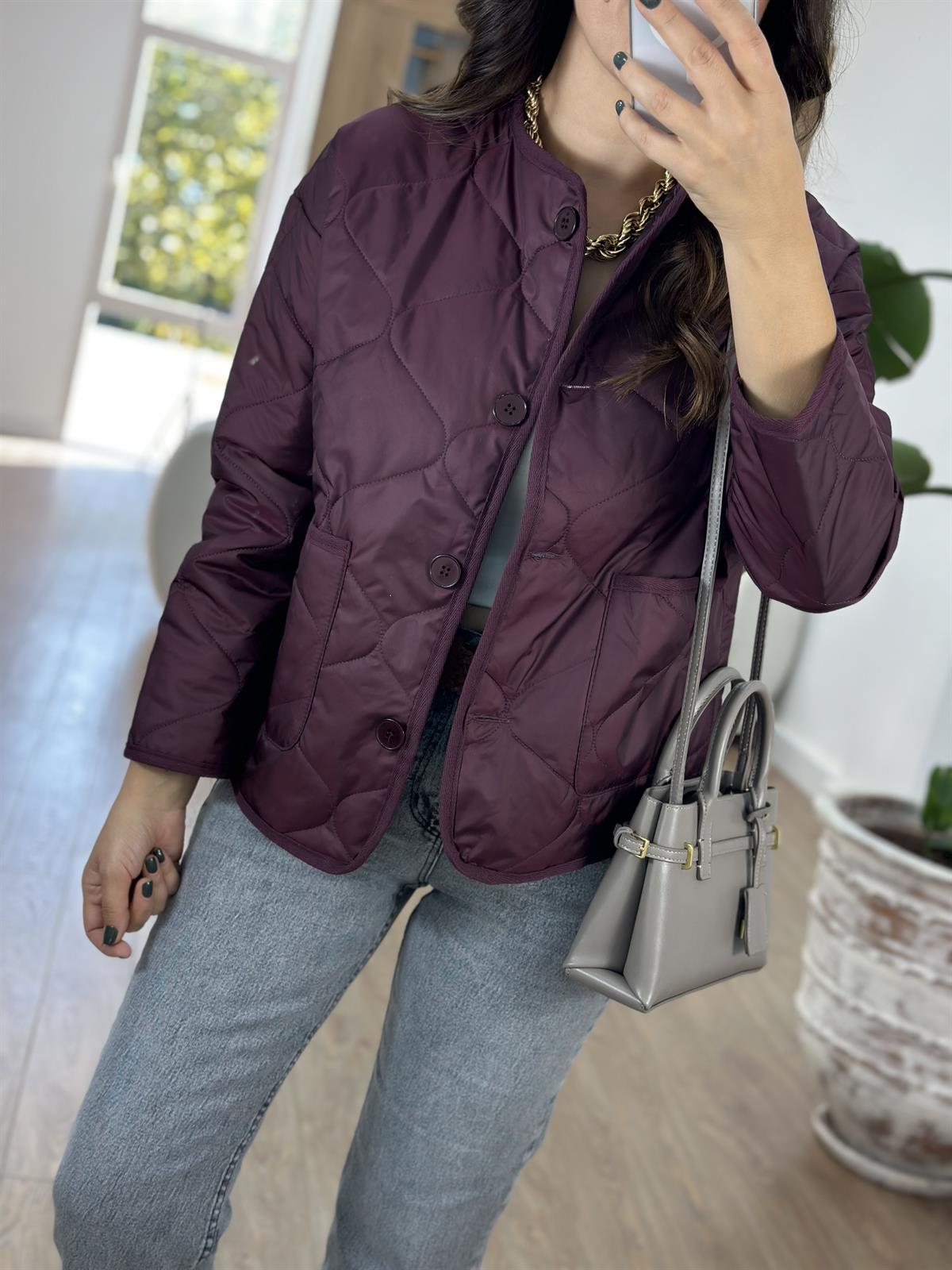 Düğmeli Kapitone Ceket -mürdüm