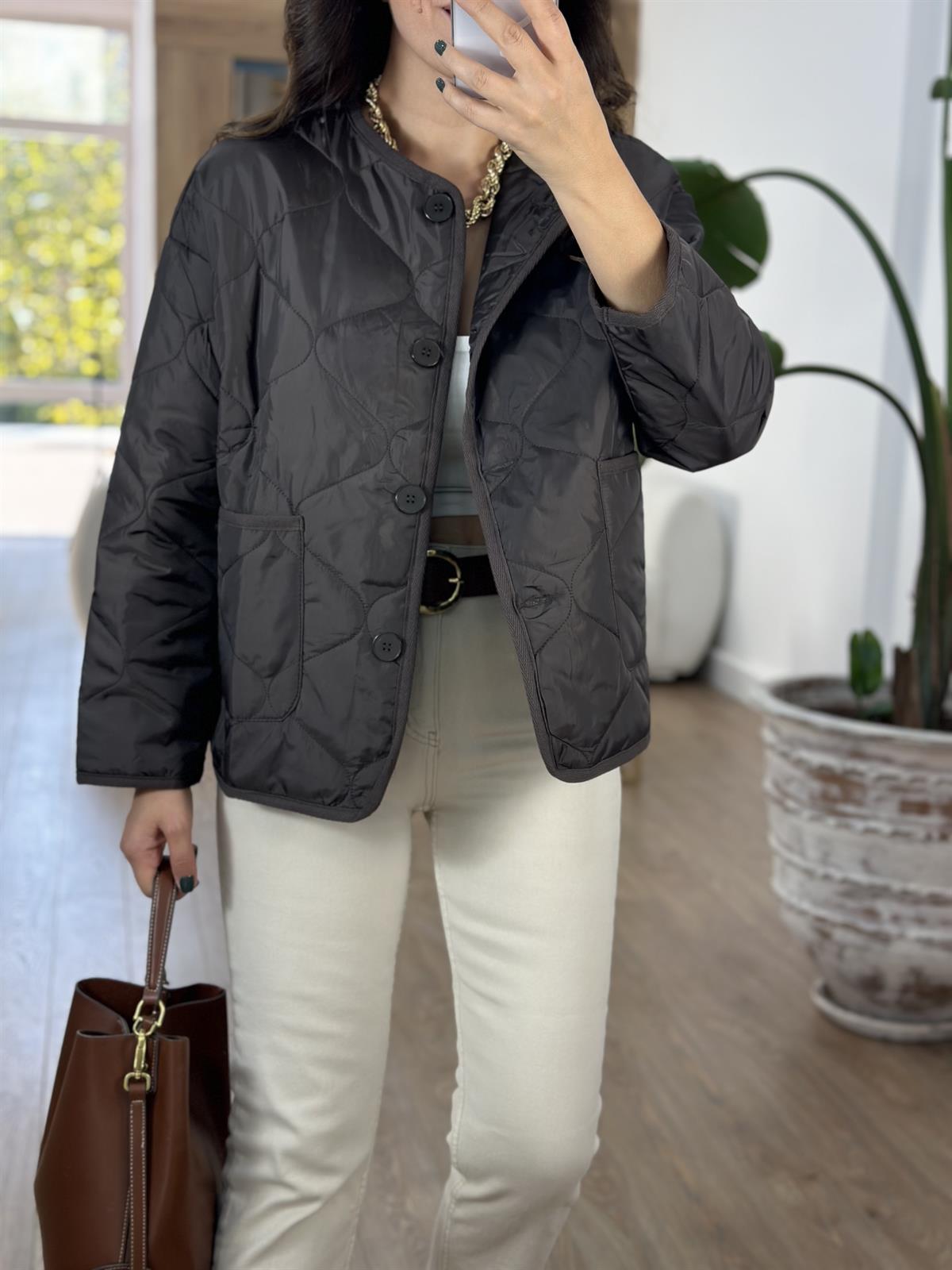 Düğmeli Kapitone Ceket - Kahverengi