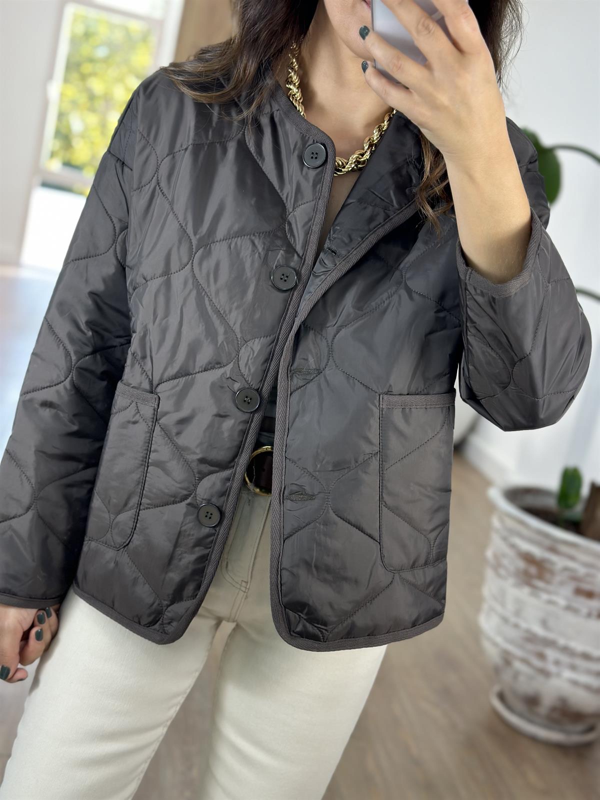 Düğmeli Kapitone Ceket - Kahverengi