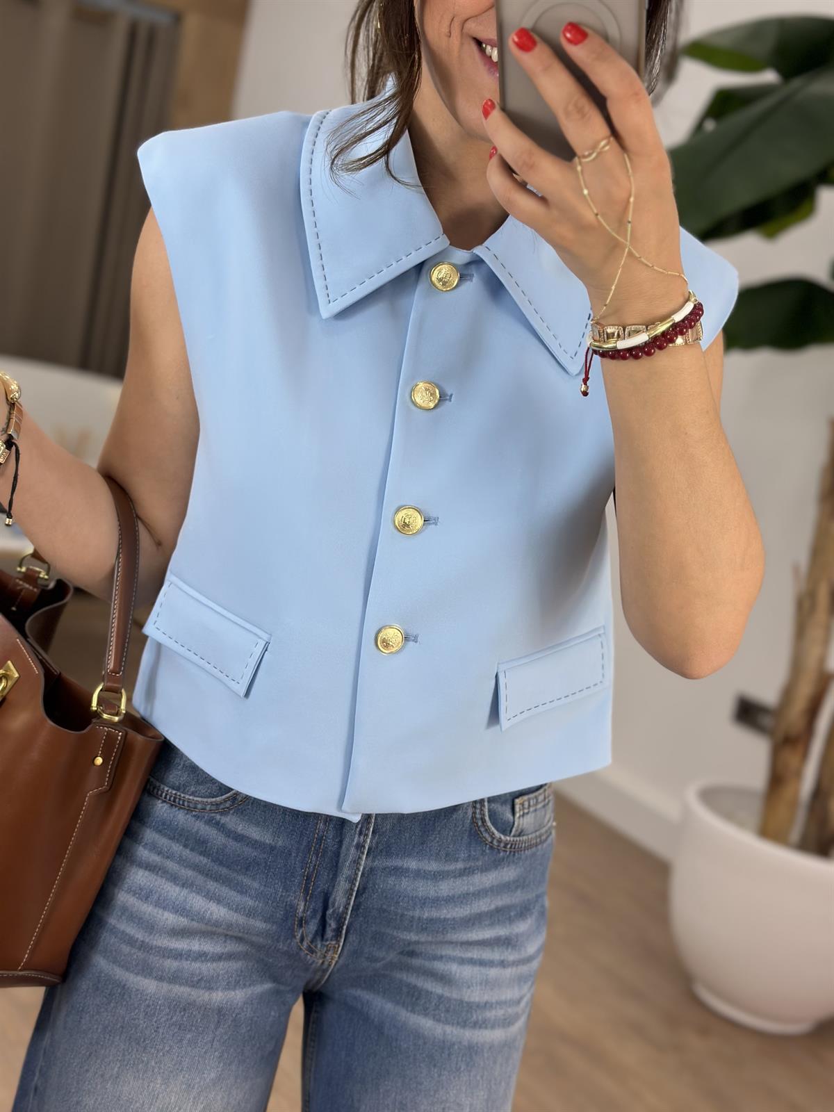 Düğmeli Kısa Yelek - Mavi