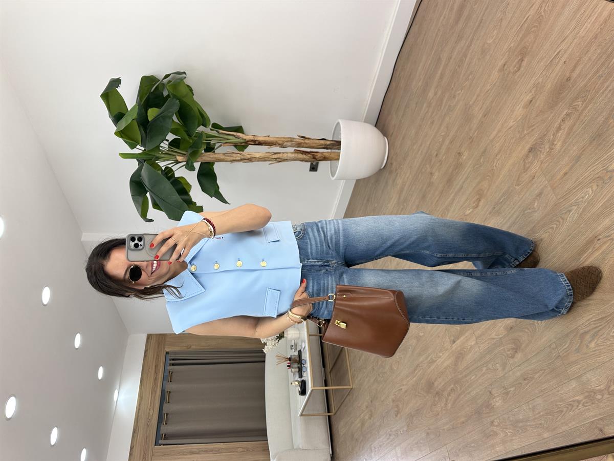 Düğmeli Kısa Yelek - Mavi