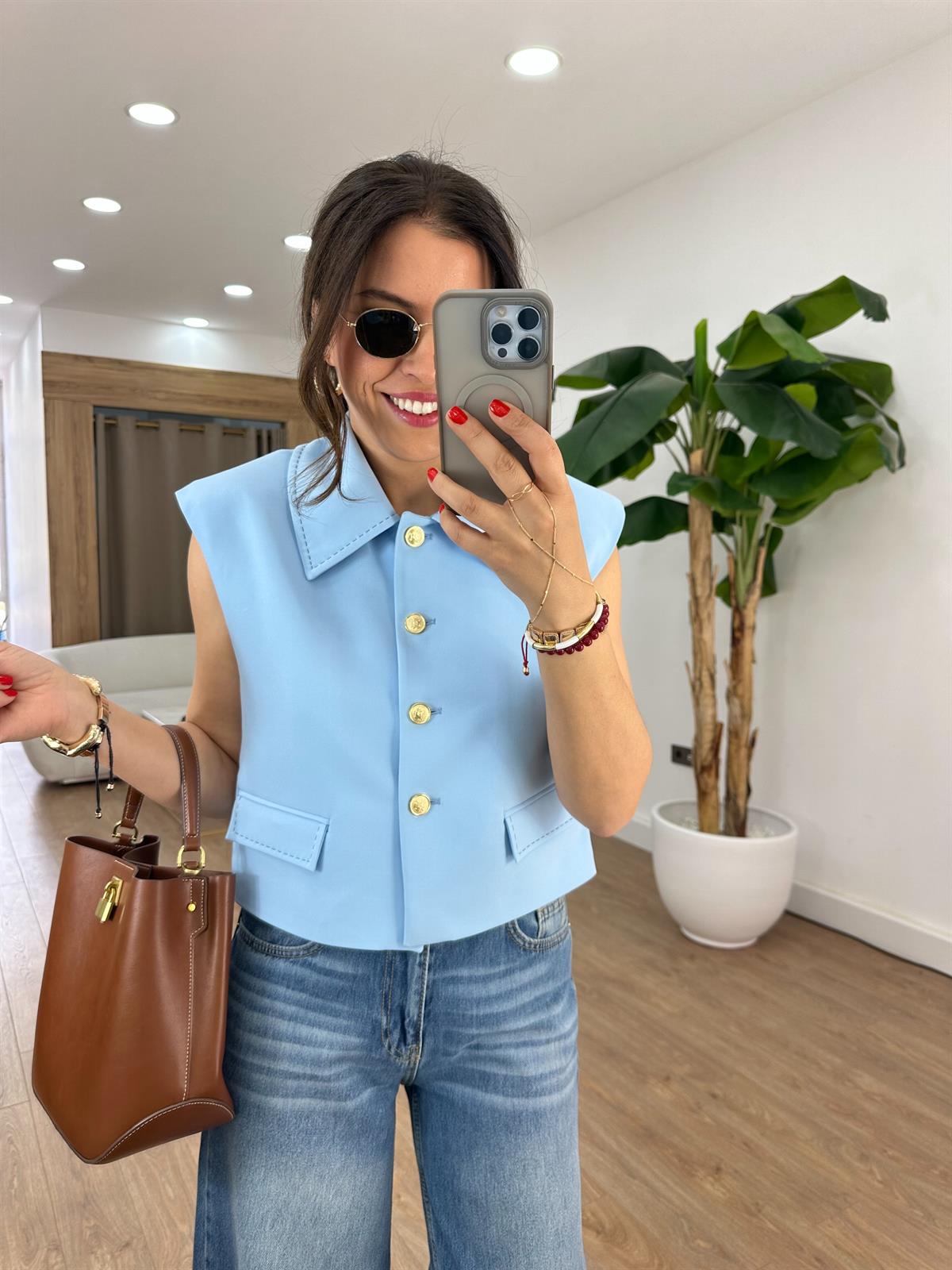 Düğmeli Kısa Yelek - Mavi