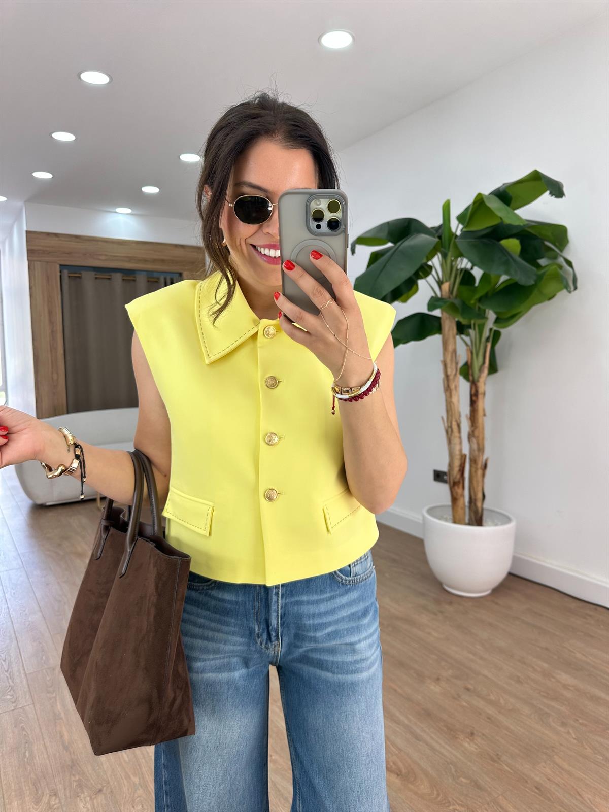 Düğmeli Kısa Yelek - Sarı