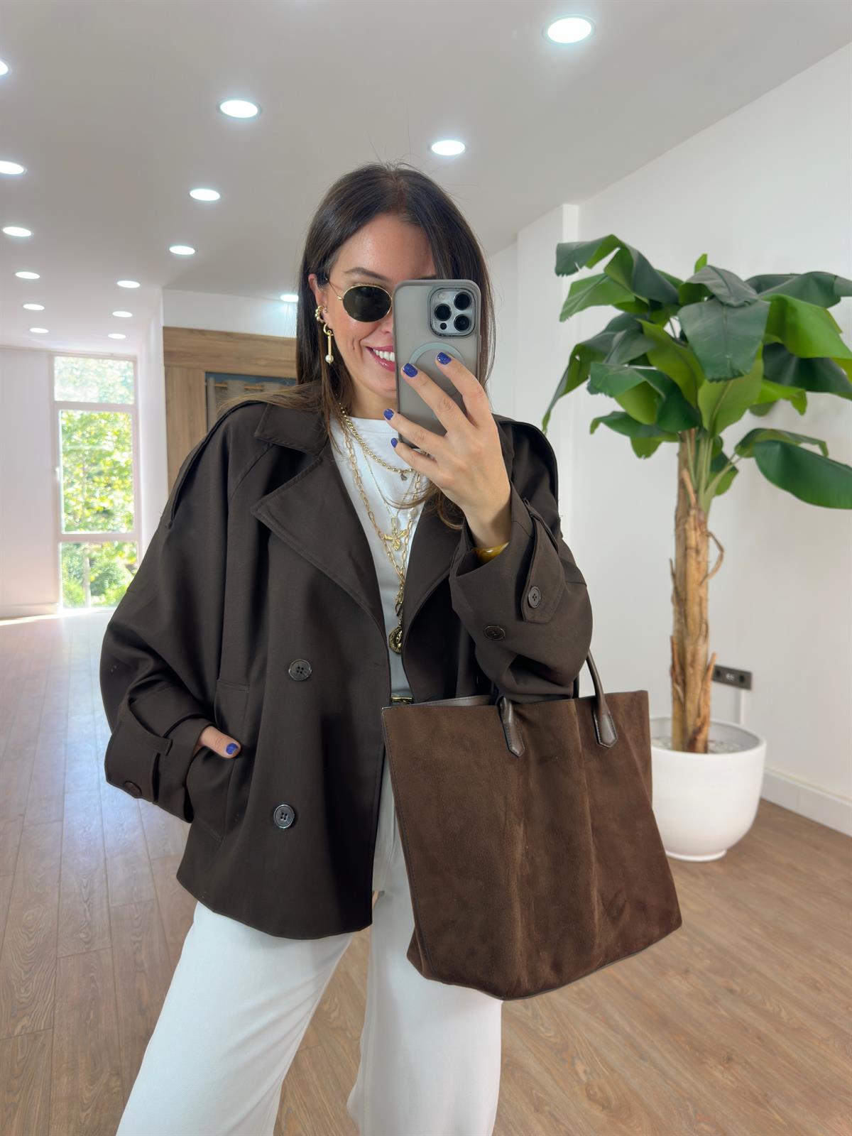 Düğmeli Kruvaze Kısa Trenç - Acı Kahve