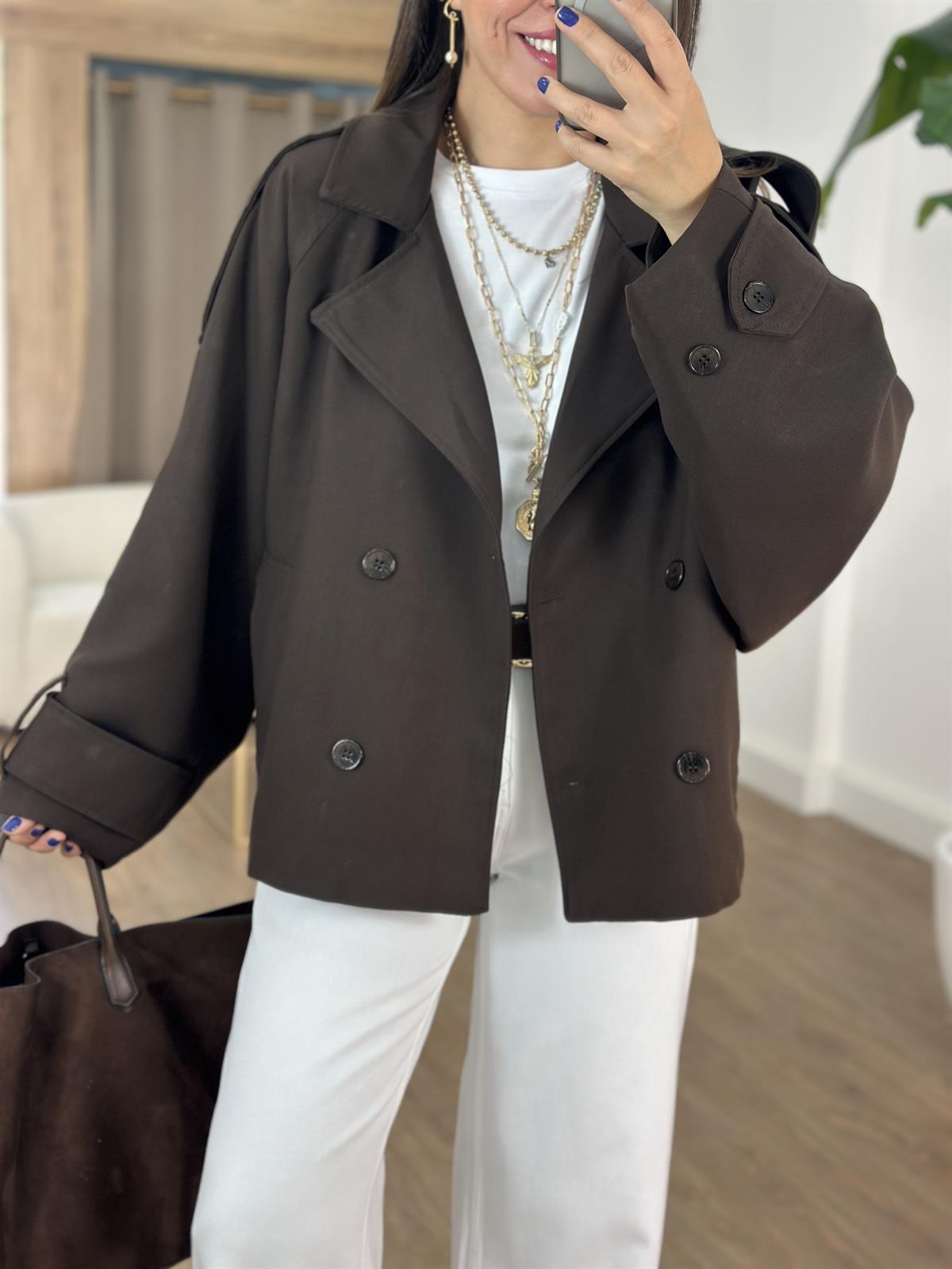 Düğmeli Kruvaze Kısa Trenç - Acı Kahve