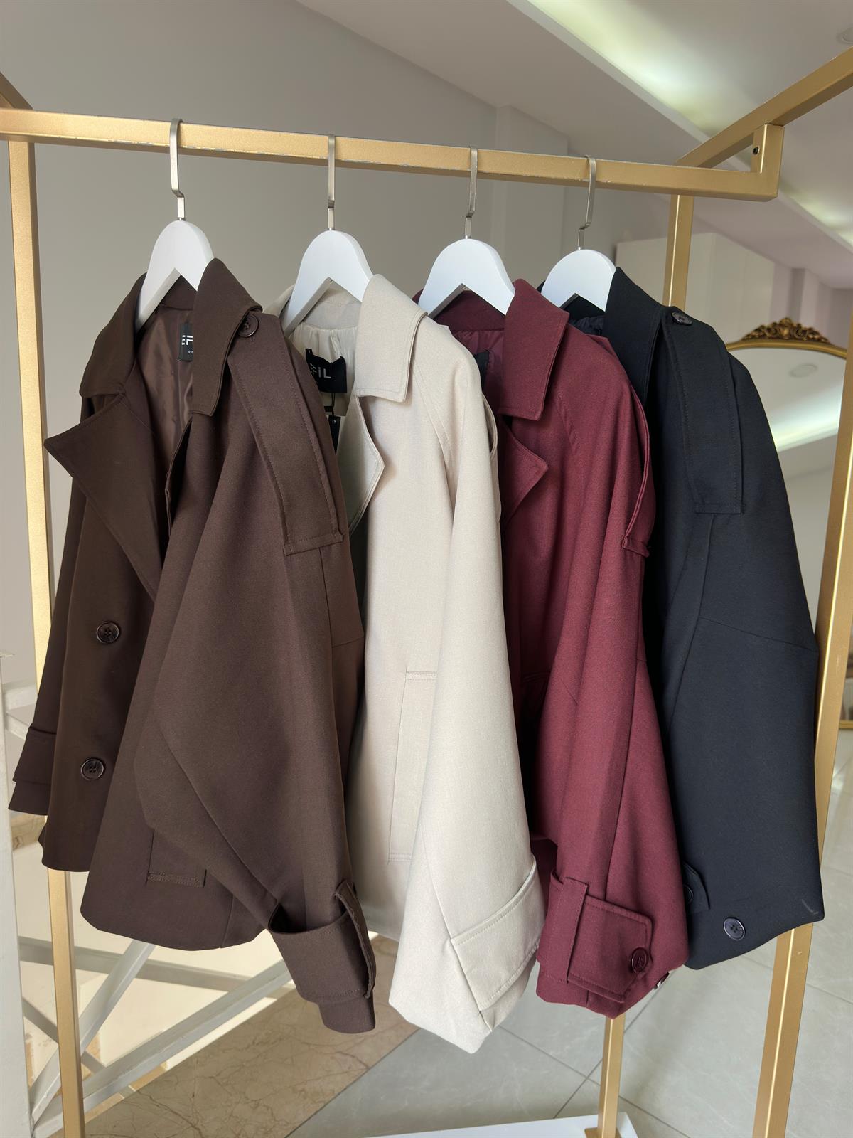 Düğmeli Kruvaze Kısa Trenç - Acı Kahve