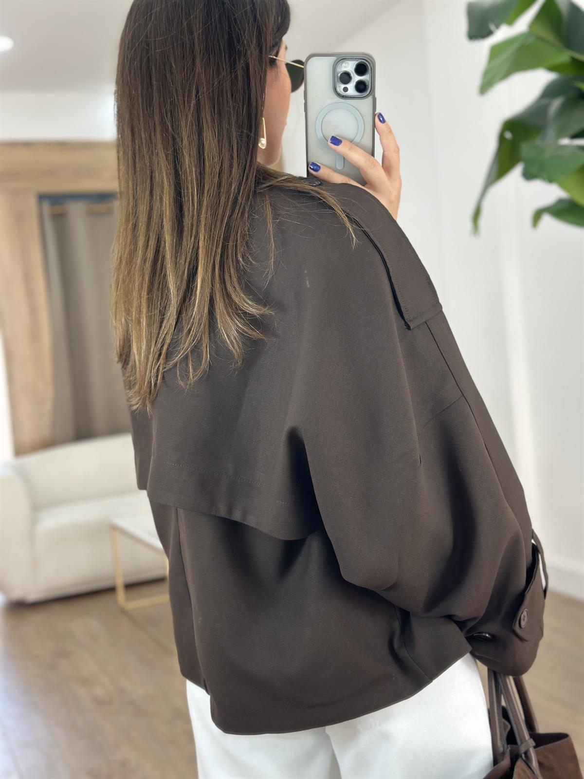 Düğmeli Kruvaze Kısa Trenç - Acı Kahve