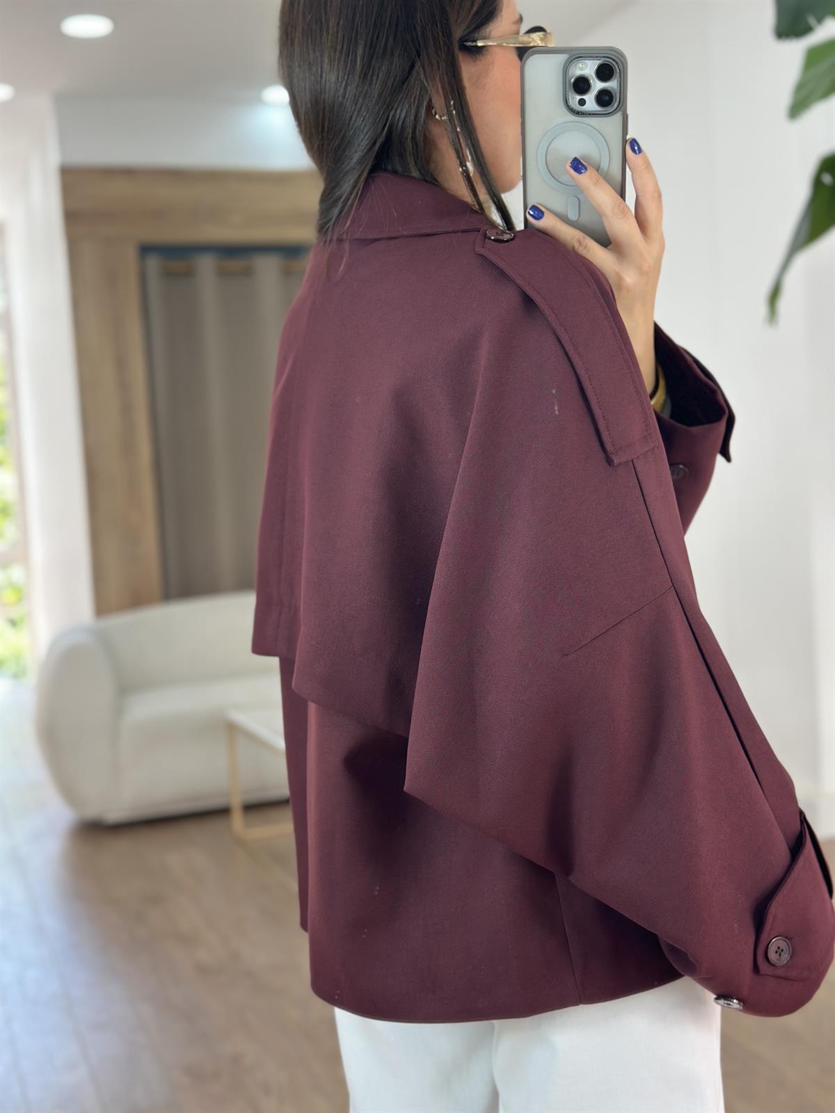 Düğmeli Kruvaze Kısa Trenç - Bordo