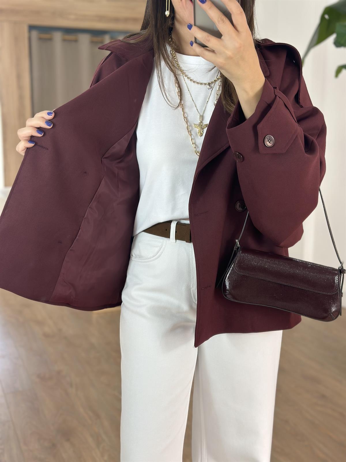 Düğmeli Kruvaze Kısa Trenç - Bordo