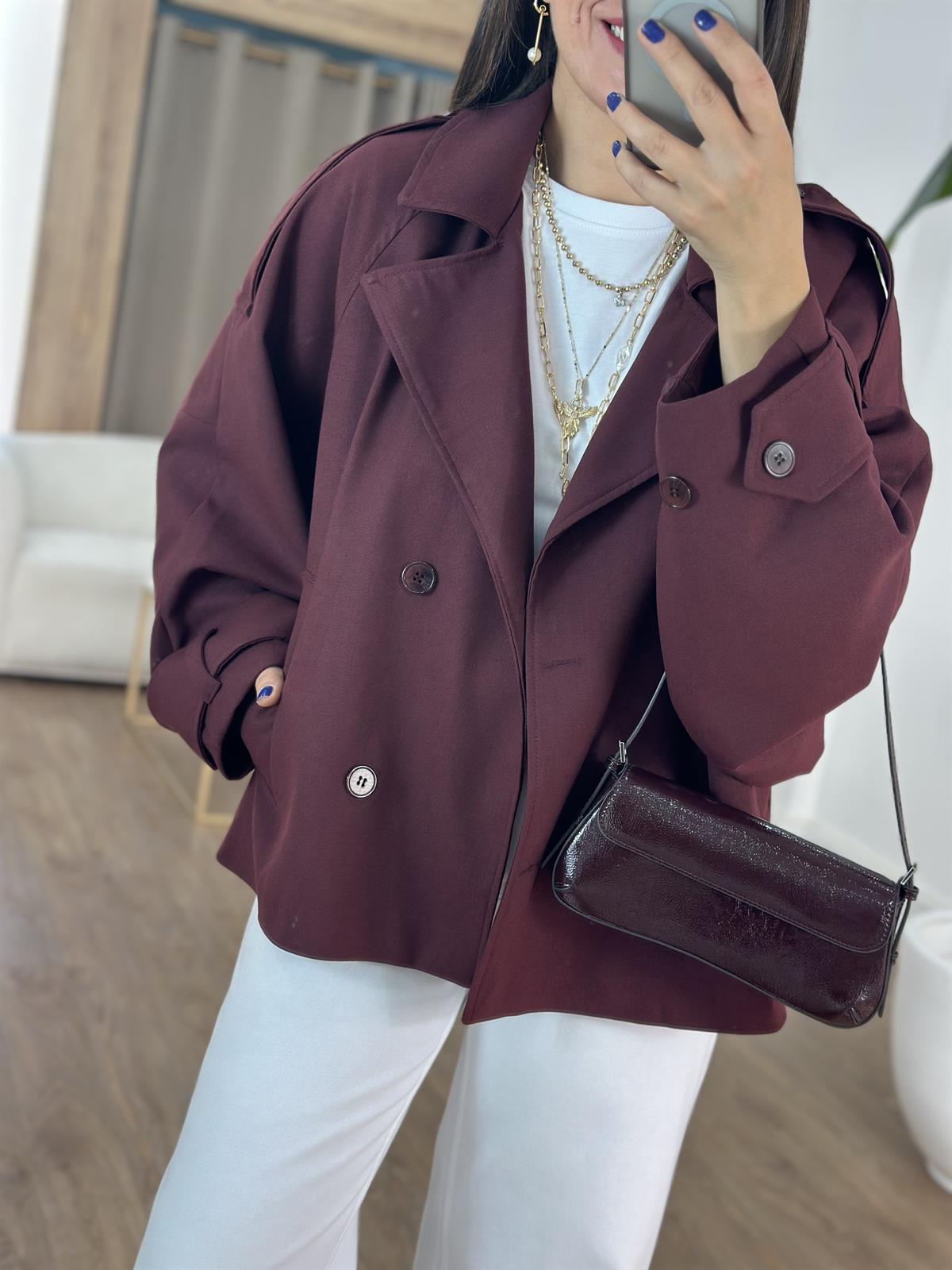 Düğmeli Kruvaze Kısa Trenç - Bordo