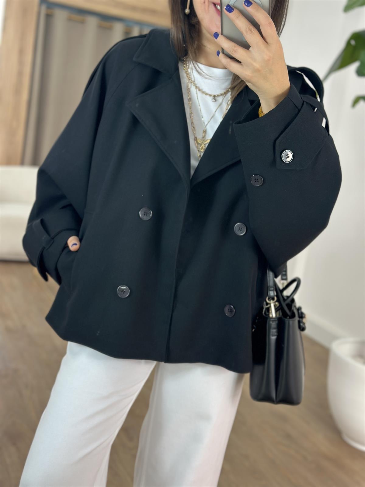 Düğmeli Kruvaze Kısa Trenç - Siyah