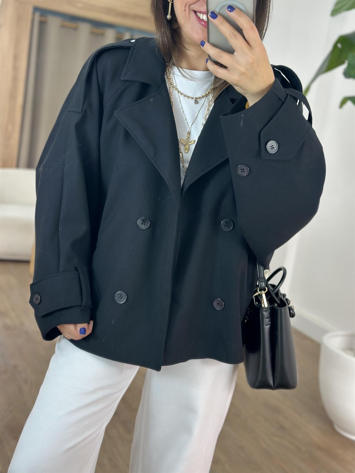 Düğmeli Kruvaze Kısa Trenç - Siyah