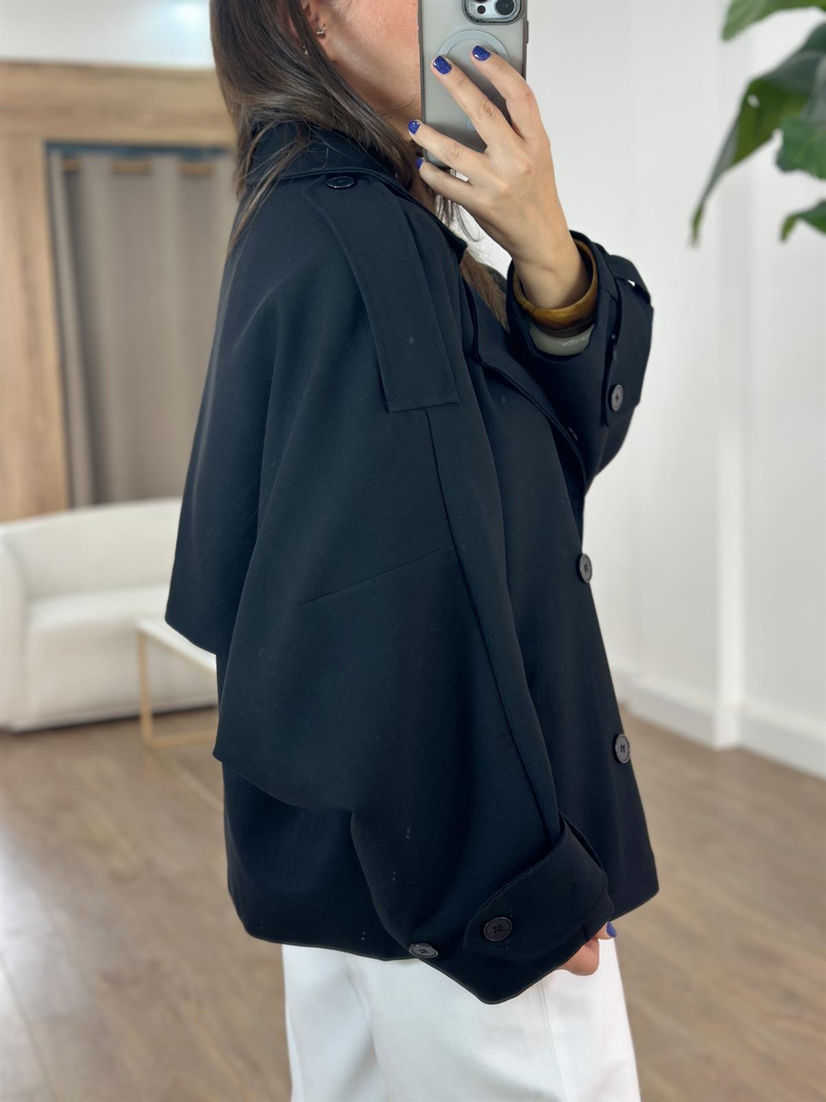 Düğmeli Kruvaze Kısa Trenç - Siyah