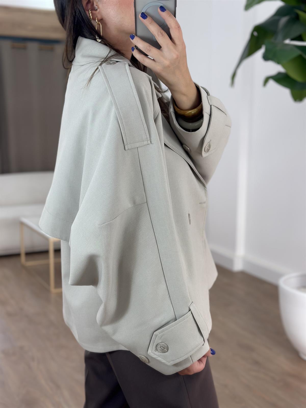 Düğmeli Kruvaze Kısa Trenç - Taş