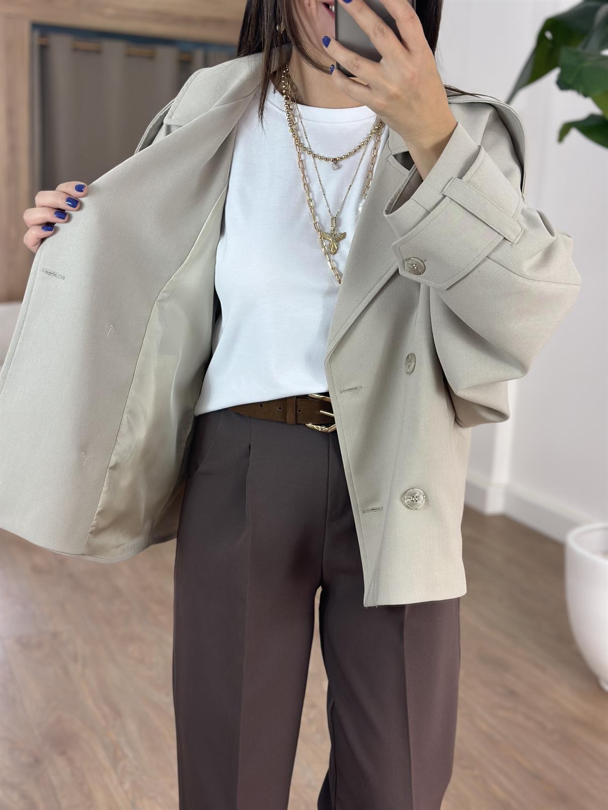 Düğmeli Kruvaze Kısa Trenç - Taş