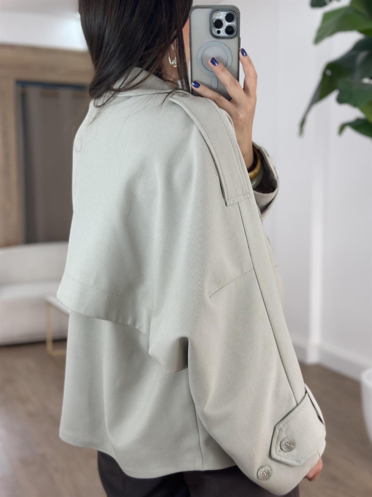 Düğmeli Kruvaze Kısa Trenç - Taş