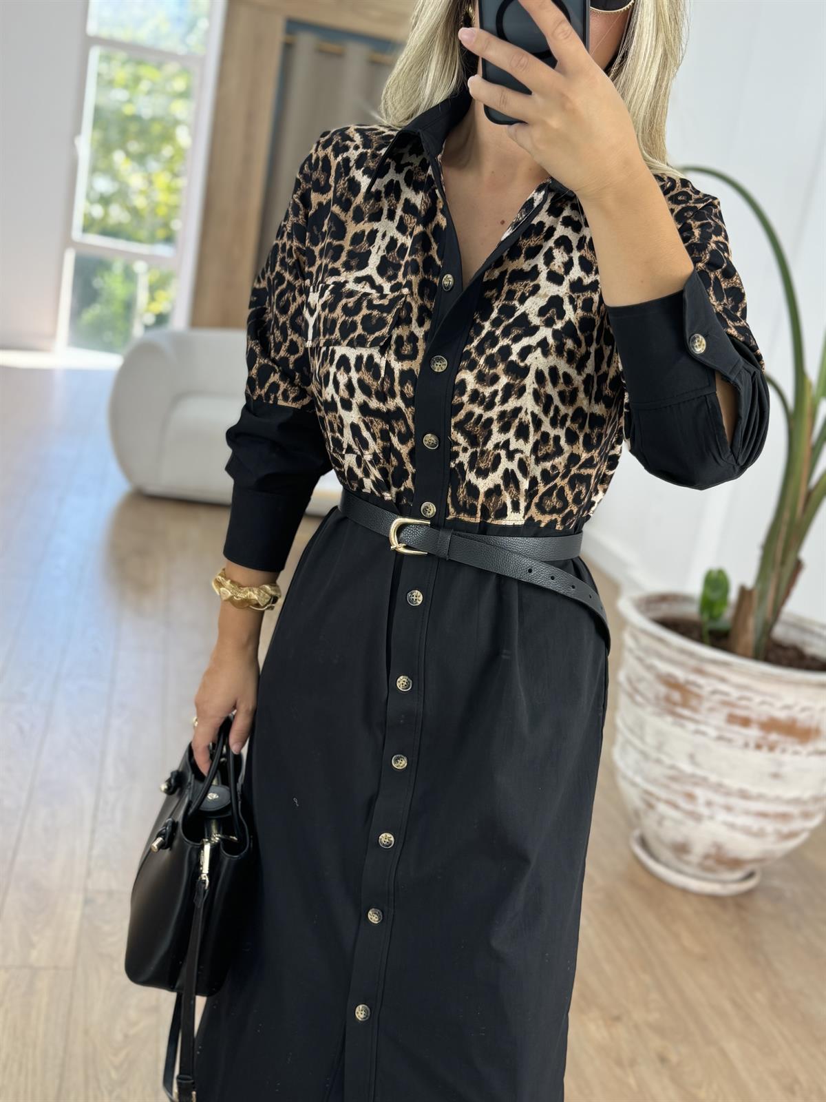 Düğmeli Leopar Gömlek Elbise