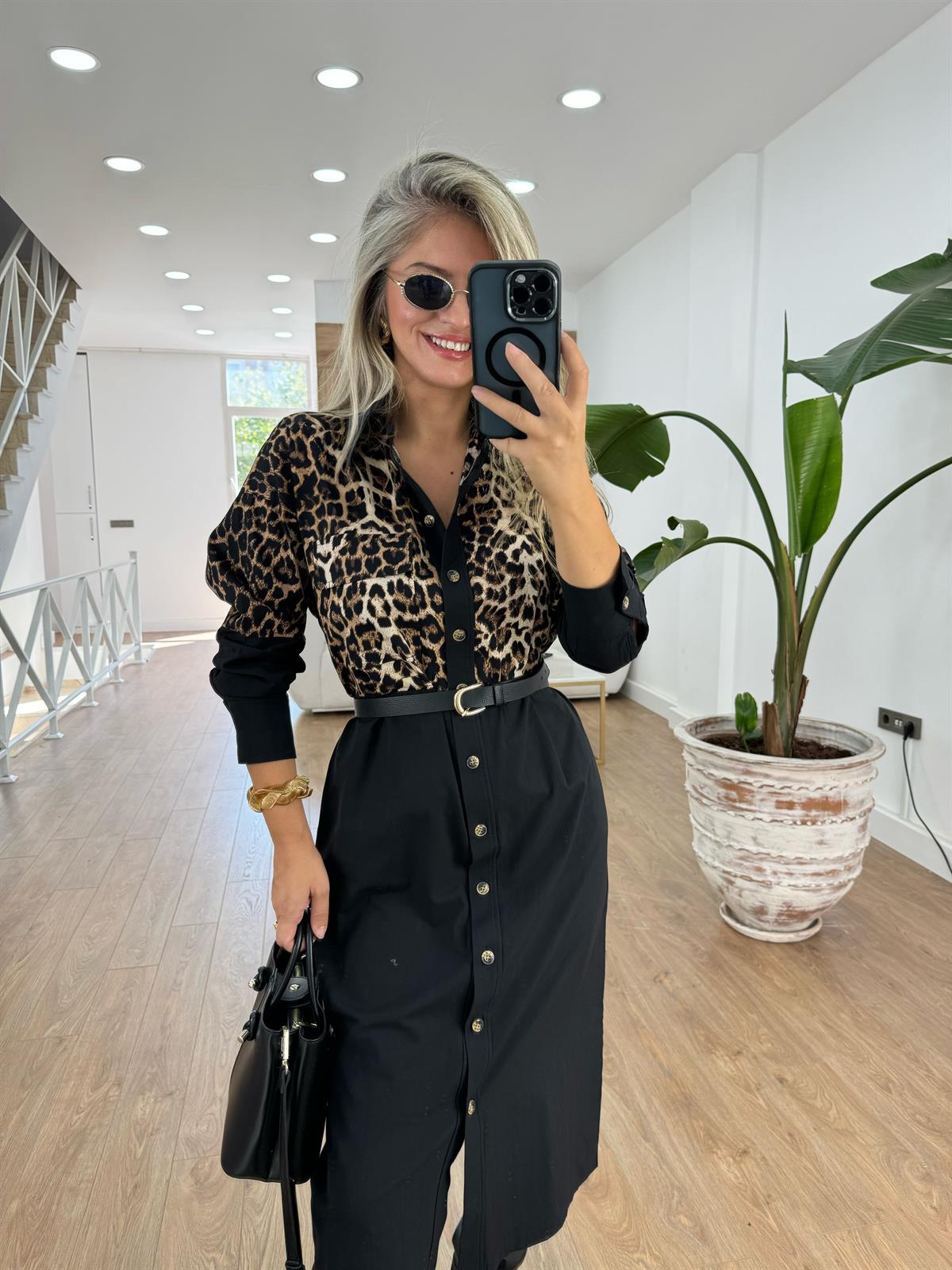 Düğmeli Leopar Gömlek Elbise
