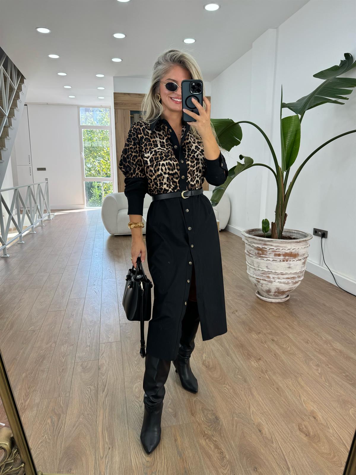 Düğmeli Leopar Gömlek Elbise