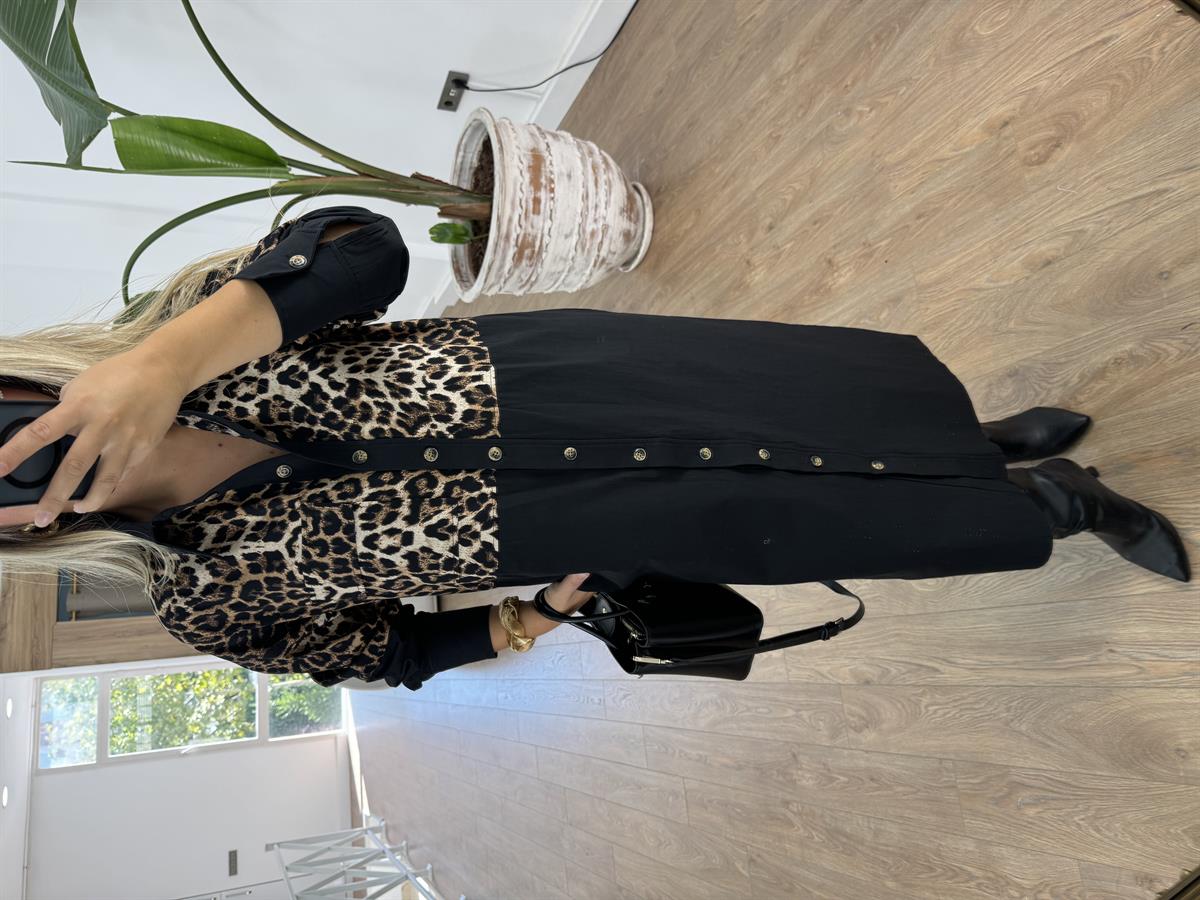 Düğmeli Leopar Gömlek Elbise