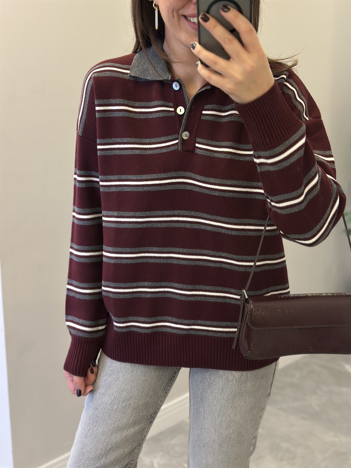 Düğmeli Polo Yaka Kazak - Bordo/Antrasit