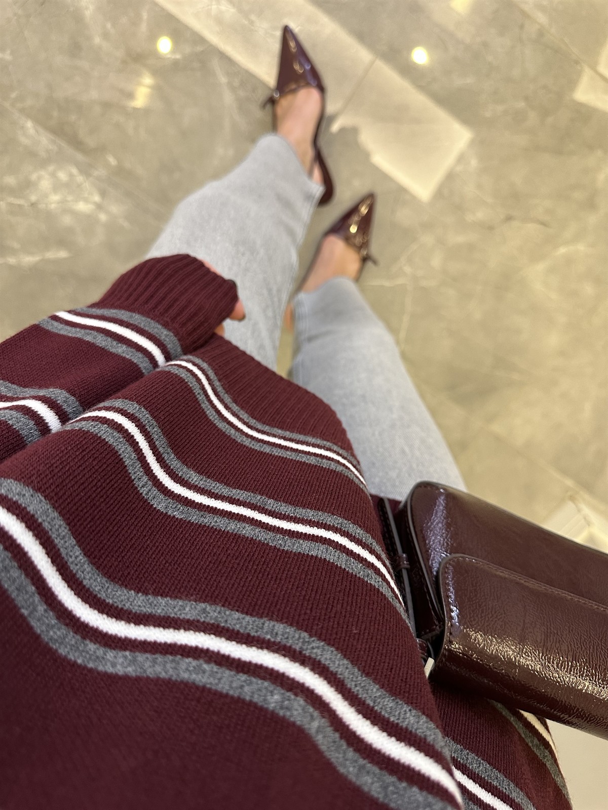 Düğmeli Polo Yaka Kazak - Bordo/Antrasit