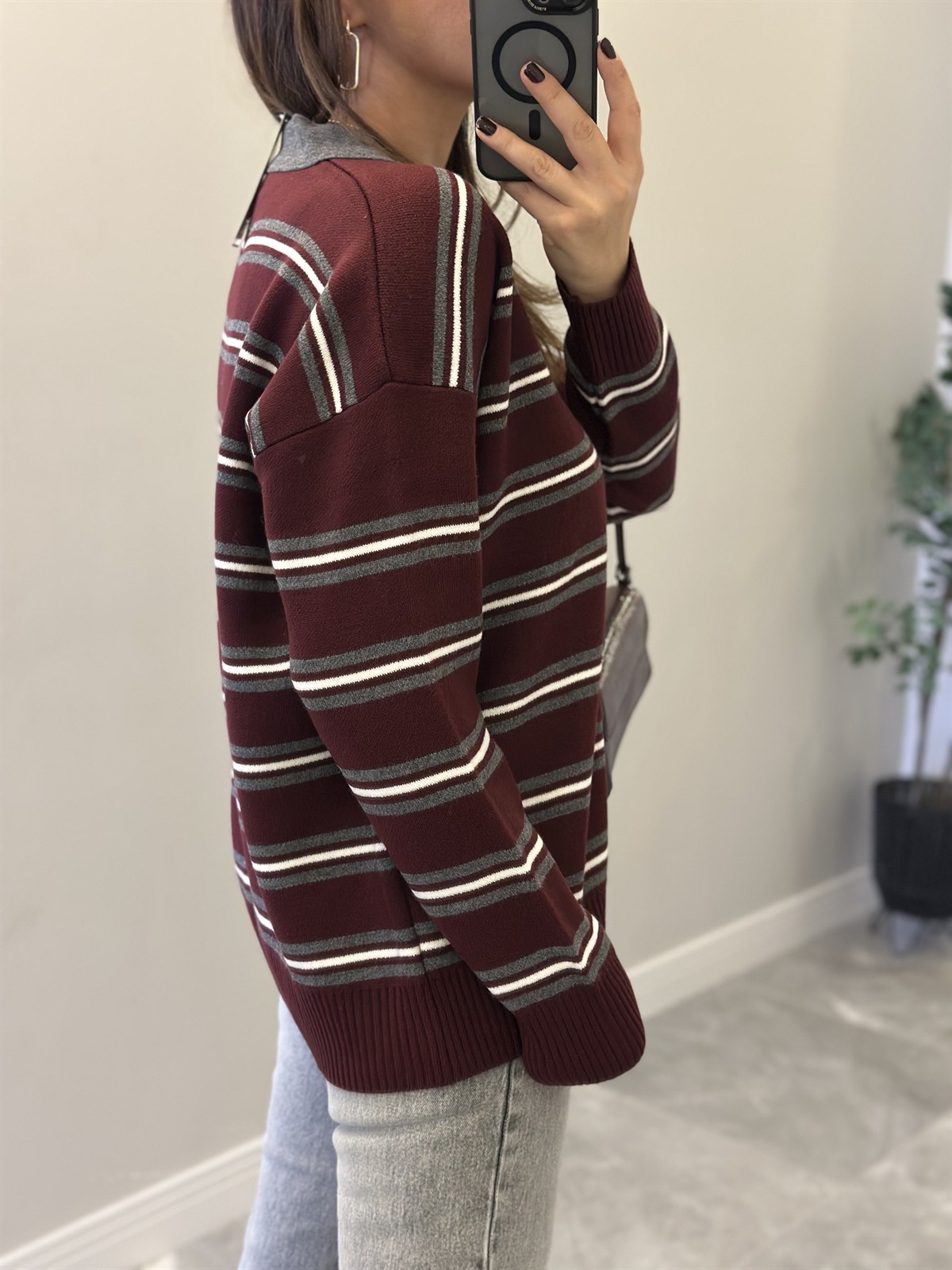 Düğmeli Polo Yaka Kazak - Bordo/Antrasit