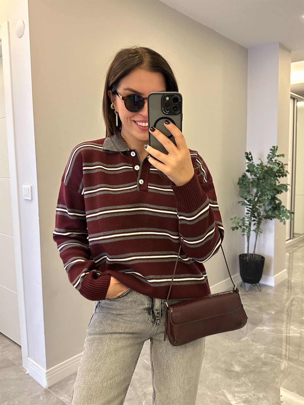 Düğmeli Polo Yaka Kazak - Bordo/Antrasit