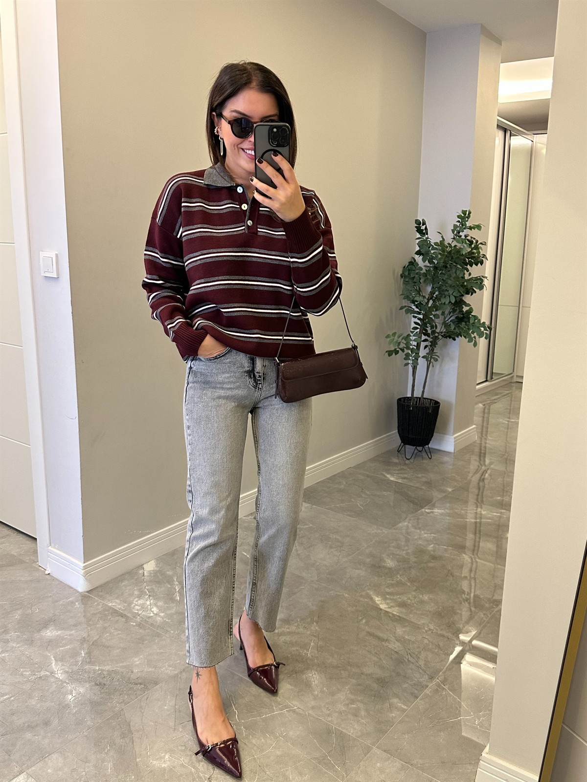 Düğmeli Polo Yaka Kazak - Bordo/Antrasit