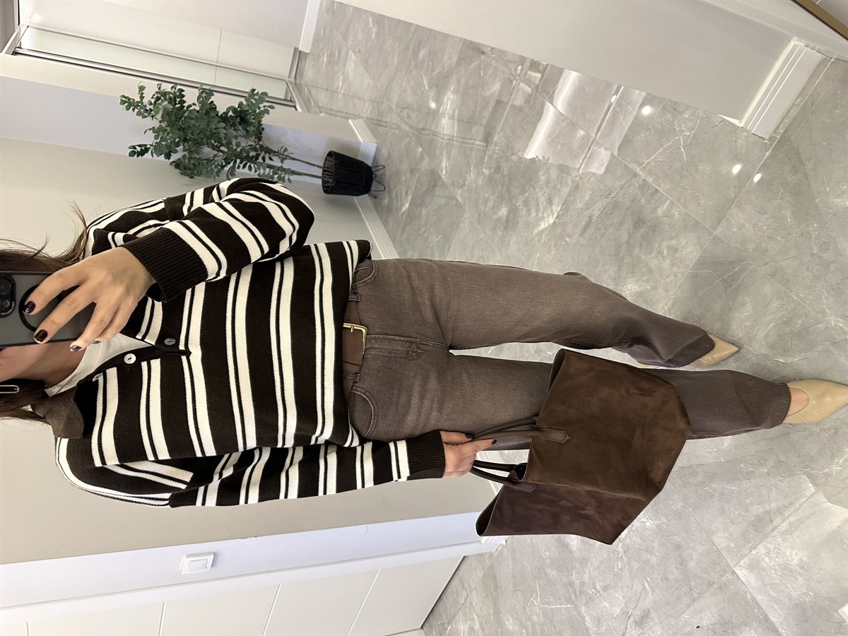 Düğmeli Polo Yaka Kazak - Kahve/Krem