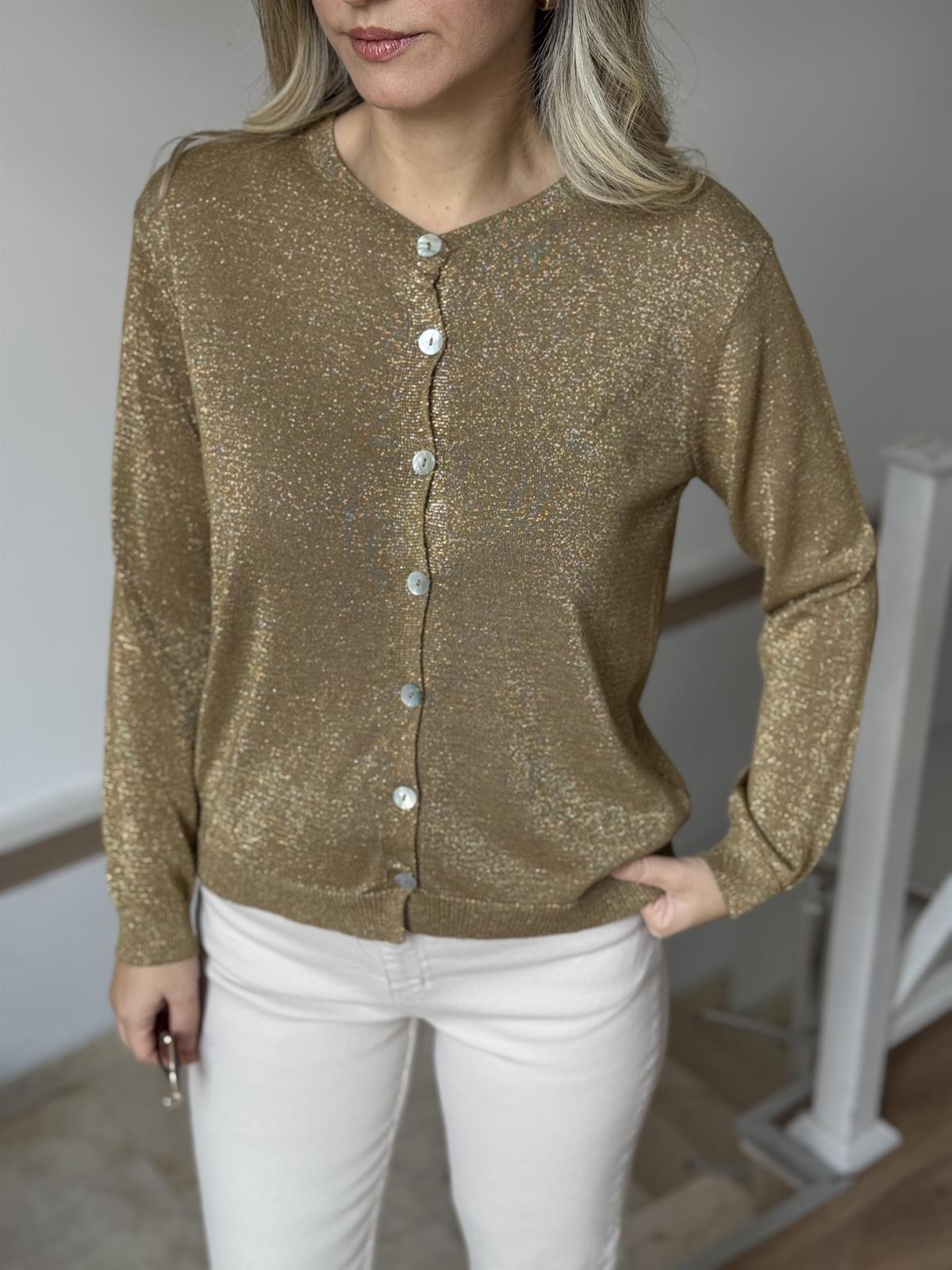 Düğmeli Simli Triko Hırka - Haki