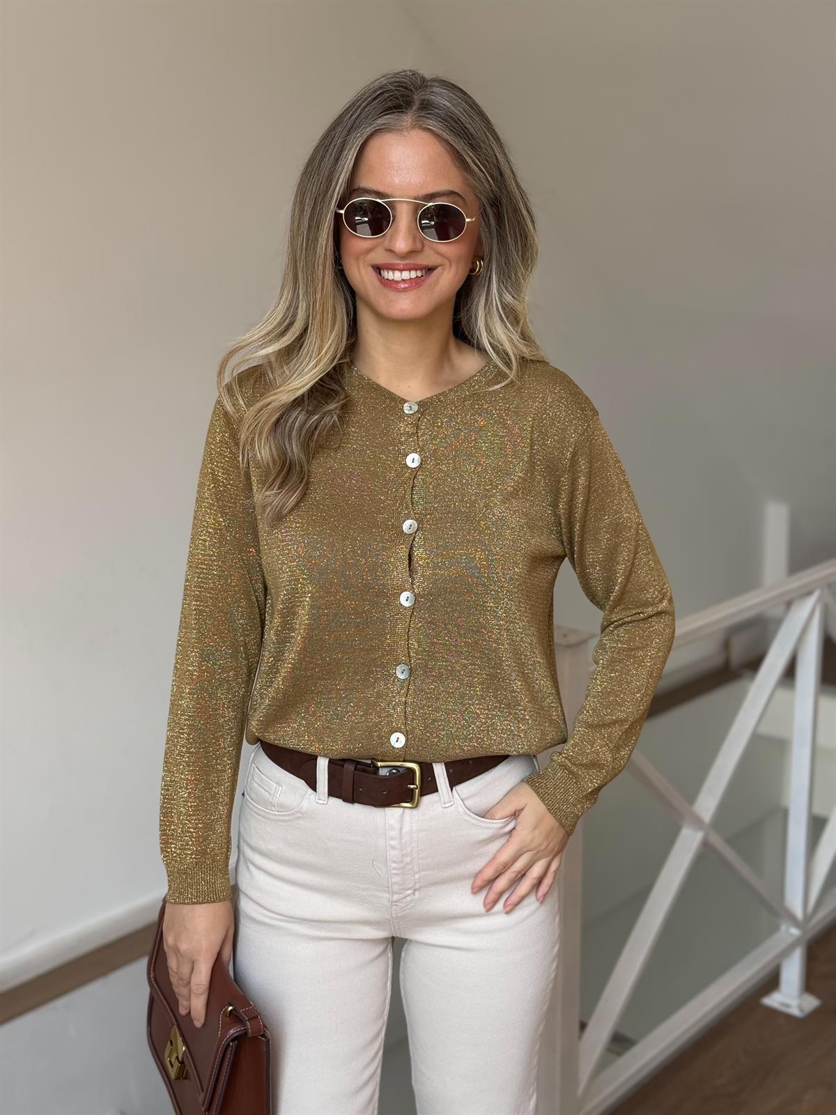 Düğmeli Simli Triko Hırka - Haki