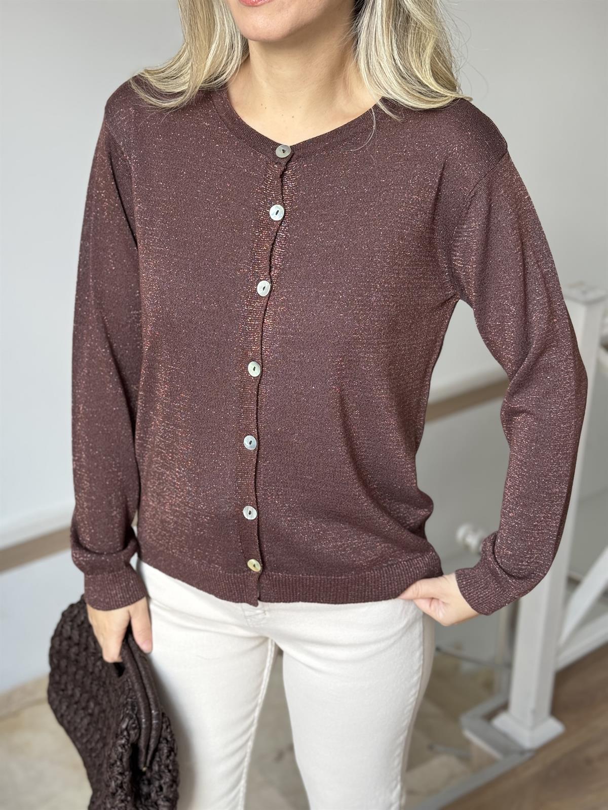 Düğmeli Simli Triko Hırka - Kahverengi