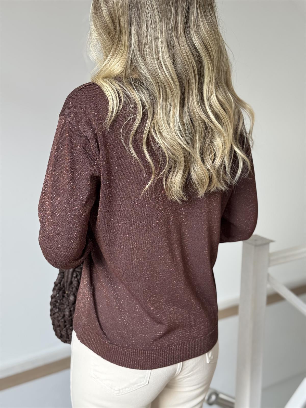 Düğmeli Simli Triko Hırka - Kahverengi