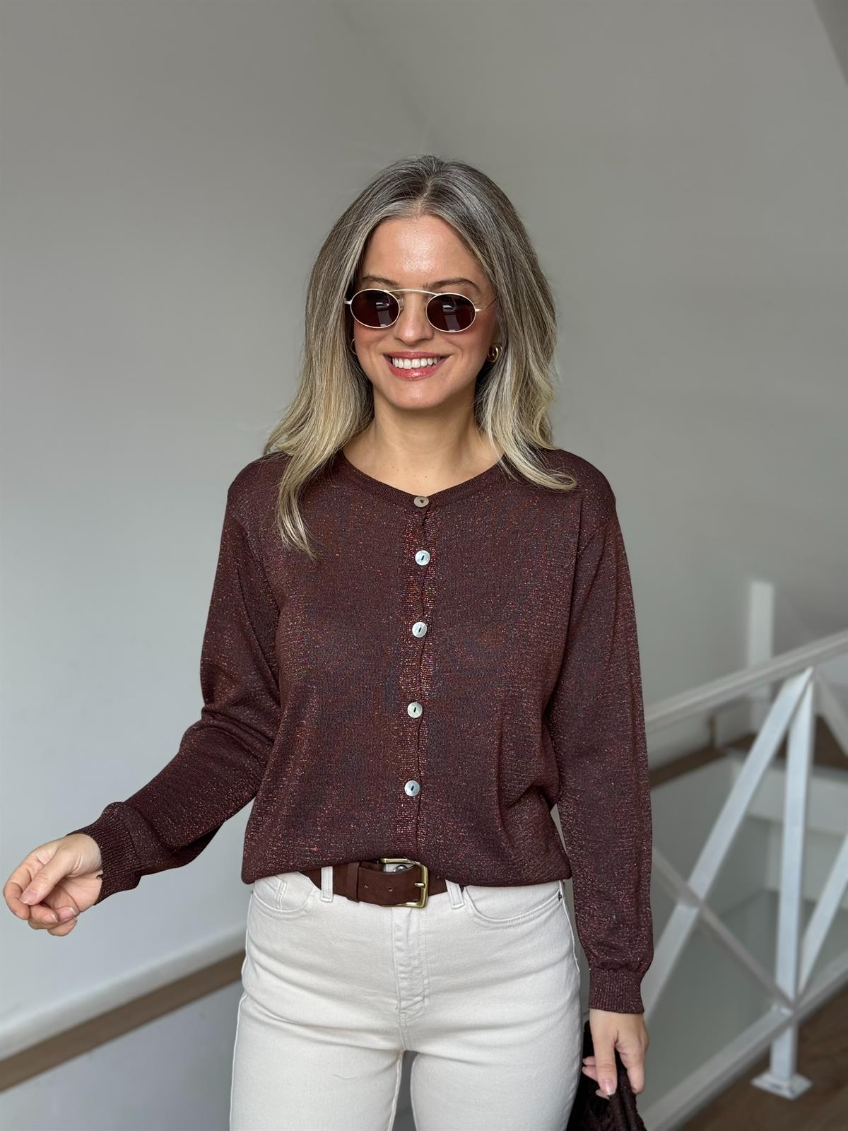 Düğmeli Simli Triko Hırka - Kahverengi