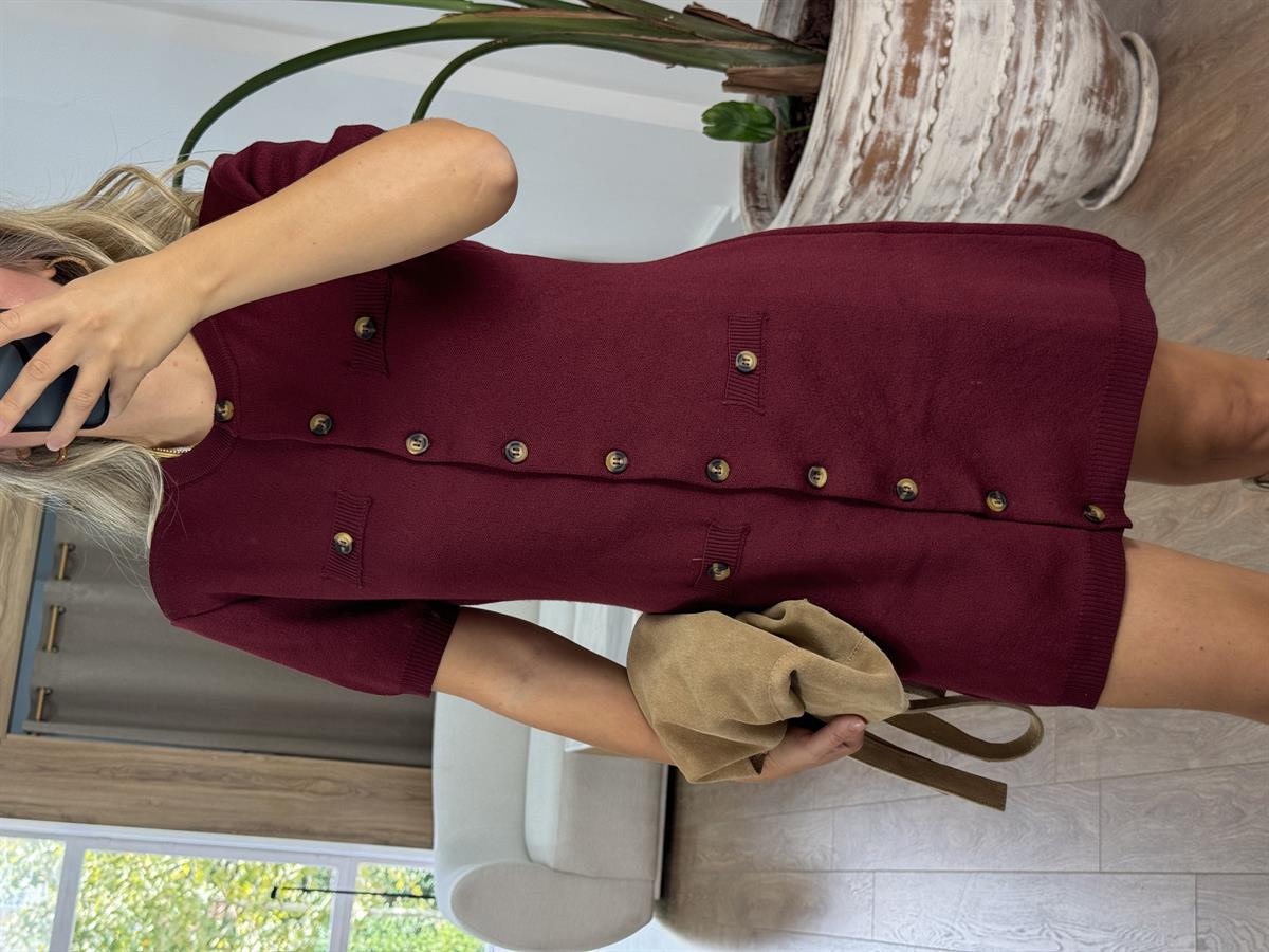 Düğmeli Yumuşacık Triko Elbise-Bordo