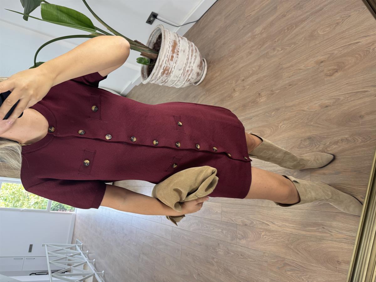 Düğmeli Yumuşacık Triko Elbise-Bordo