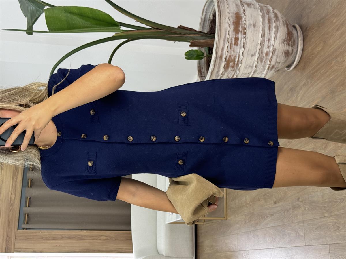 Düğmeli Yumuşacık Triko Elbise-Lacivert