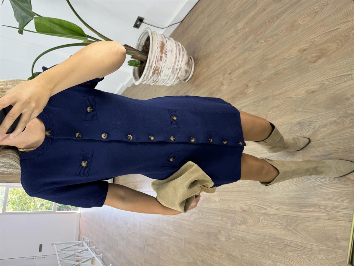 Düğmeli Yumuşacık Triko Elbise-Lacivert