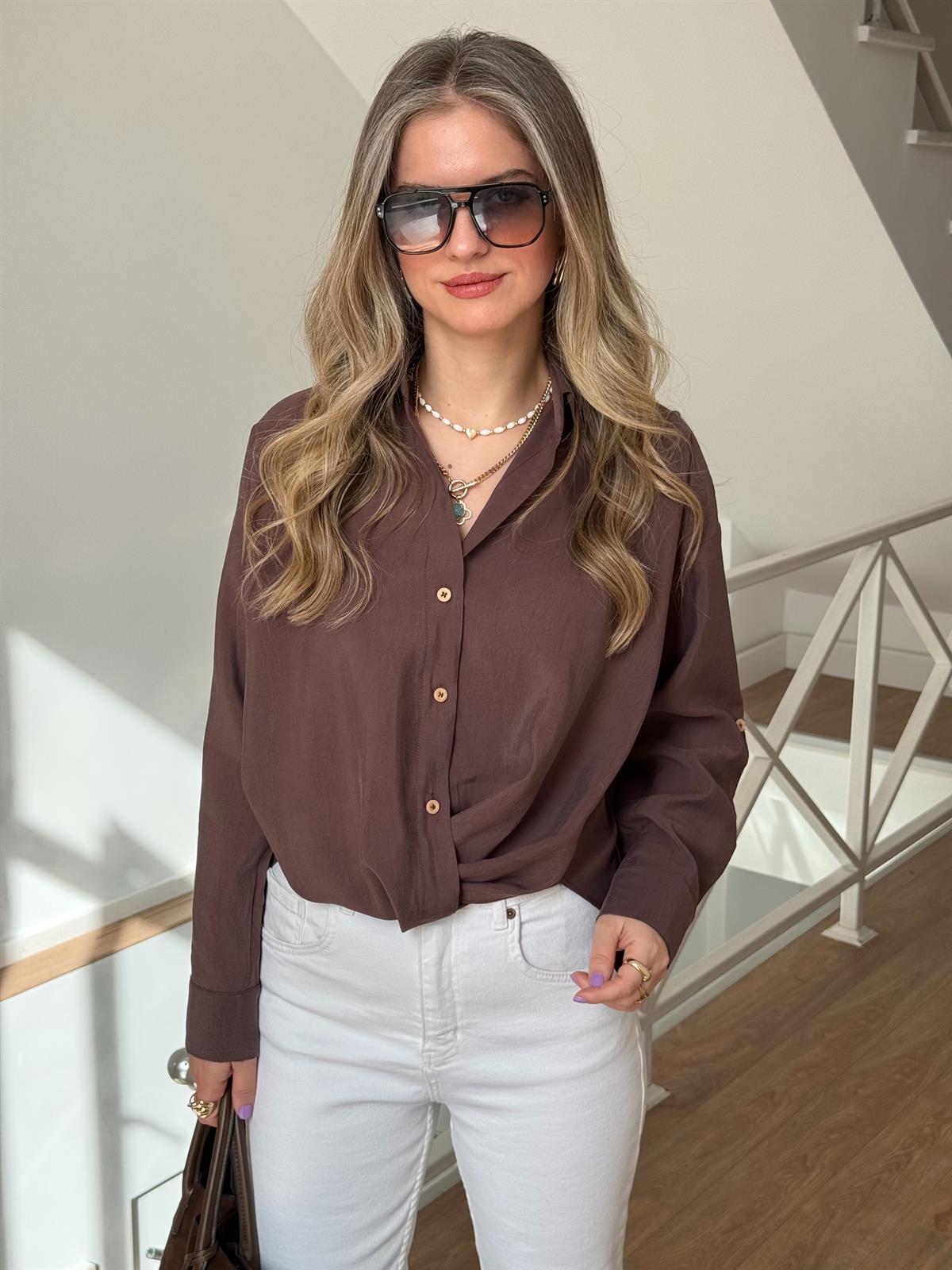 Düğüm Detaylı Tasarım Gömlek - Acı Kahve