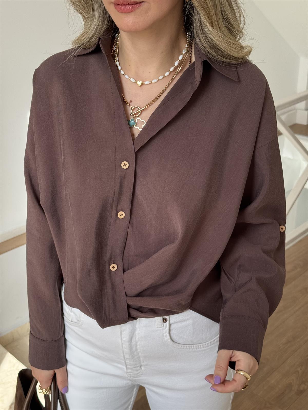 Düğüm Detaylı Tasarım Gömlek - Acı Kahve