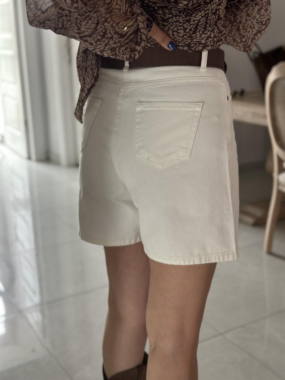 Düz Kesim Mini Denim Şort - Ekru