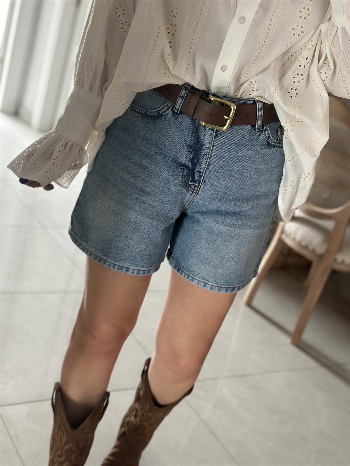 Düz Kesim Mini Denim Şort - Mavi