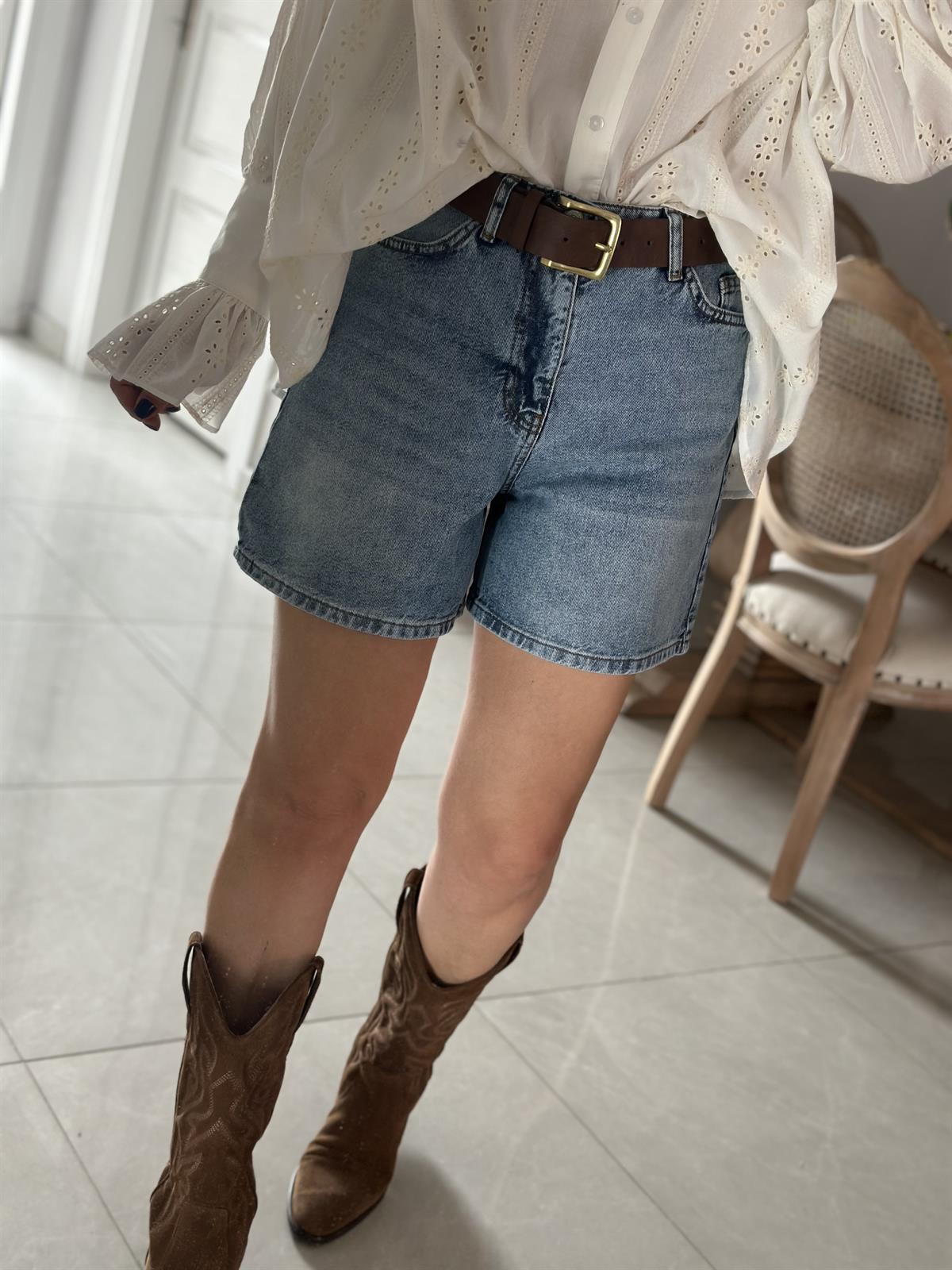 Düz Kesim Mini Denim Şort - Mavi