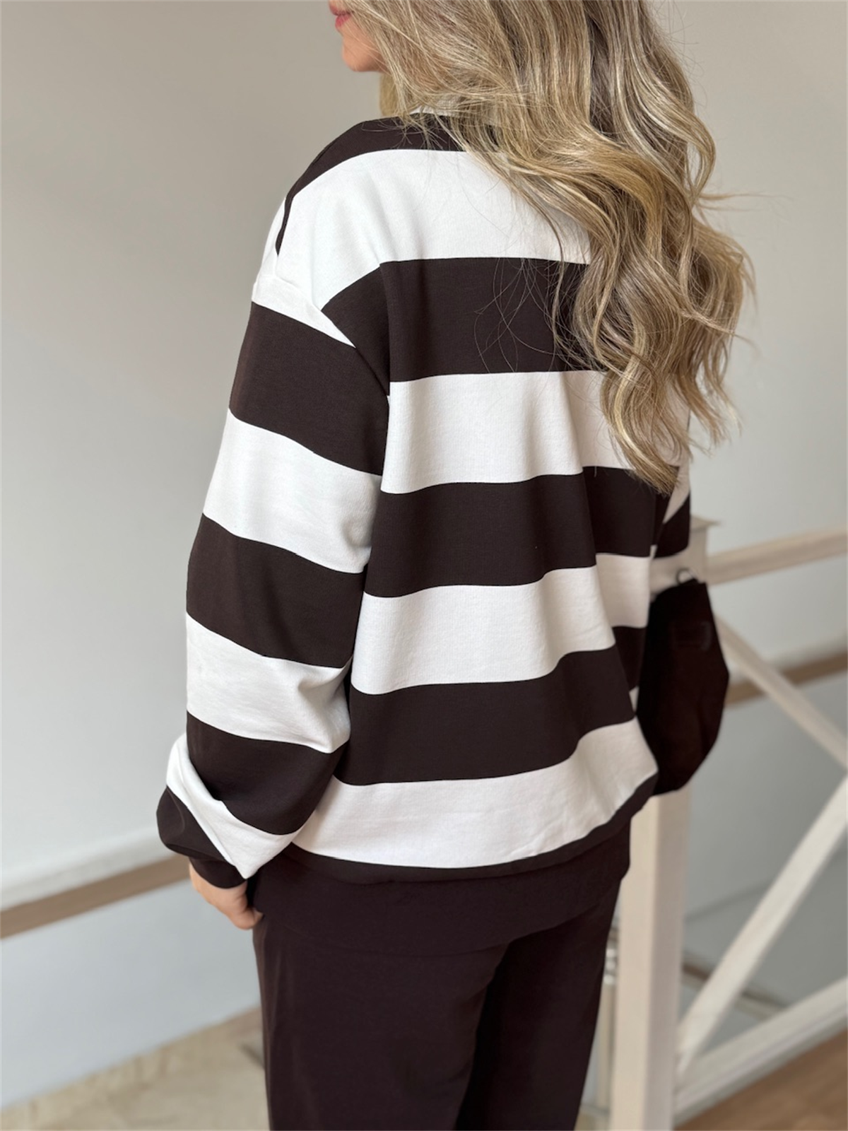 Çizgili Sweatshirt Eşofman Takım - Kahverengi