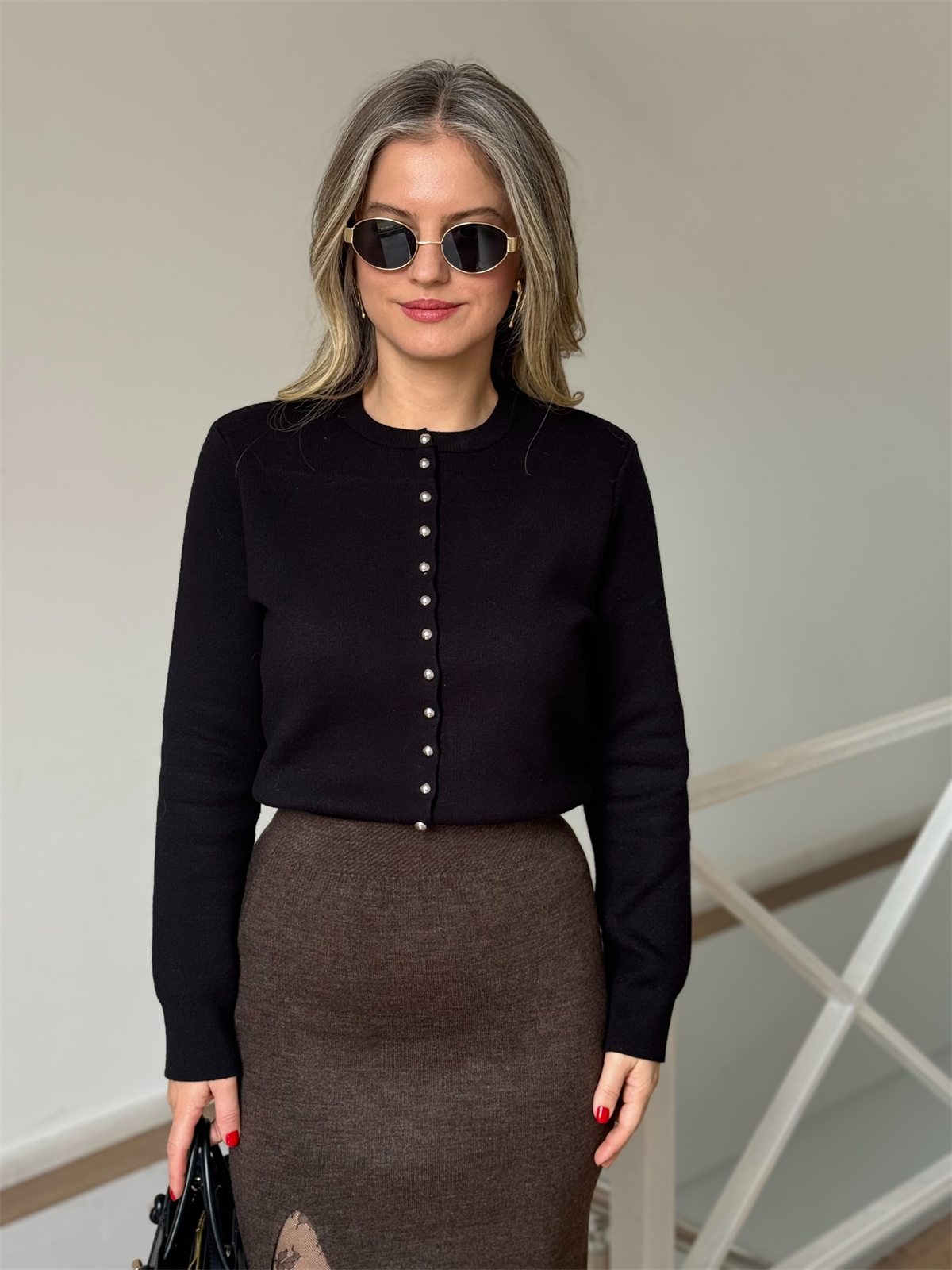 Bisiklet Yaka Düğmeli Triko Hırka - Siyah